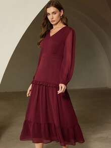 Revavyn Đầm chiffon màu trơn thanh lịch kiểu Pháp, cổ chữ V, tay phồng, eo xếp ly, thích hợp cho các buổi hẹn hò và kỳ nghỉ. - Màu Đỏ Sâu - Xem 5