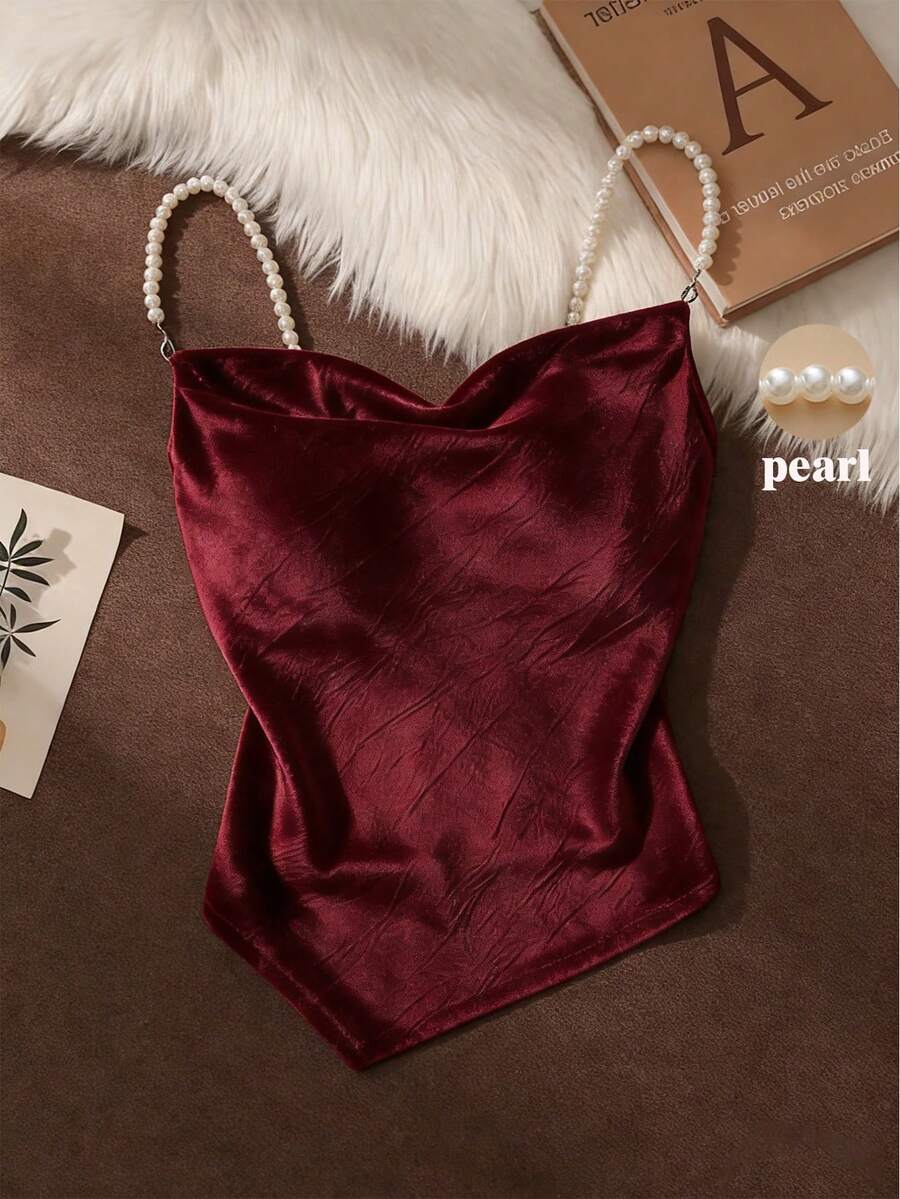 Franclia 酒红色仿珍珠吊带不对称性感吊带背心，夏季 - 酒紅色 - 查看 1