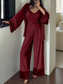 DAZY 3pcs Lace Patchwork Robe, Camisole & Pants Women Sleepwear Set - Burgundy - View 3