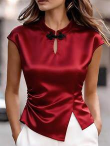 Franclia Women's Spring/Summer New Chinese Style Button-Up Mandarin Collar Blouse, Cinched Waist With Slit, Holiday/Date Night Tee, Unique Collar Design With Elegant Black Button, Simple Yet Special, Suitable For Commute, Daily, Summer, Party, Beach, Date, Graduation, Business, Urban Chic Dark Red Top Satin Tops For Women Red Blouses Wine Red Top Red Satin Satin Blouses For Women Silk Tops For Women Red Blouse Women Red Blouse Women Plus - Burgundy - View 8