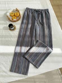 Comfortcana Linen Textured Striped Drawstring Waist Comfortable Casual Plus Size Pants - Navy Blue - View 3