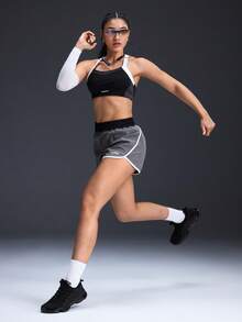 Powerista 女士撞色包边交叉露背背心和短裤运动套装 - 灰色 - 查看 6