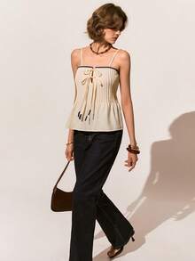 Poéselle Women's Casual Vacation Style Everyday Commute Contrast Trim Knot Front Pleated Camisole,Bow Tie Woven Camisole Top For Women, Spaghetti Strap Pleated Summer Shirt, Lightweight Casual Cami With Contrast Trim,Summer Top,French-Style  Top - Apricot - View 4