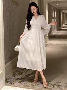 DAZY Women's V-Neck Ruched Waist Midi Dress, Elegant Sundress - Beige - View 1