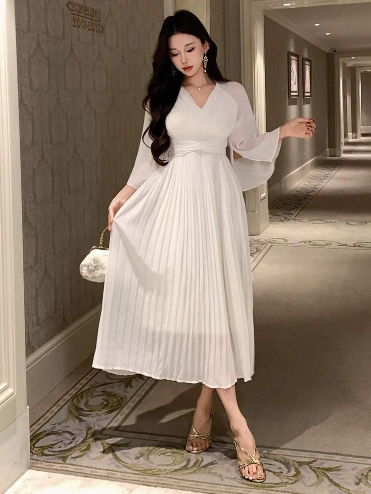 Women's V-Neck Ruched Waist Midi Dress, Elegant Sundress