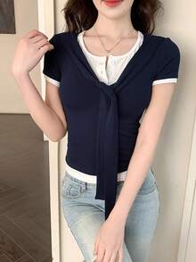 DAZY 女士夏季圆领拼接修身短袖休闲T恤 - 藏蓝色 - 查看 2