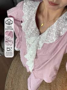 DAZY 女士睡衣套装，采用迷人的3D波点提花面料，饰以亮片刺绣和荷叶边下摆。 - 粉色 - 查看 1