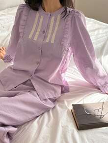 DAZY Sweet Gingham Contrast Ribbon & Ruffle Trim Women Pajama Set - Purple - View 1