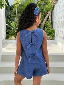 Tween Girls' Fashion Summer Vacation Casual Green Plant Floral Vacation Print Tank Top And Wide Leg Pants Set - Blue - View 3