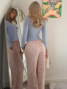DAZY Ruched Fitted Top & Bow Print Full Pajama Pants Women Sleepwear Set - Blue - View 2