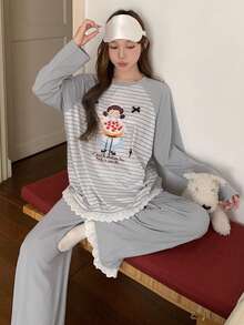 DAZY 2pcs Women Cartoon Girl Striped Splice Raglan Sleeve Lace Ruffle Trim Loose Long Sleeve T-Shirt And Pants Pajama Set - Blue - View 7