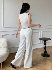 Celisse Women's Contrast Trim Round Neck Tank Top And Pants Elegant 2 Pieces Set - Beige - View 2