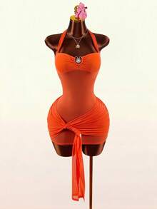 Amplova 2026 Early Spring New Arrival Low-Cut Shell Metal Accessory Front Tie Hem Women Mini Dress - Orange - View 7