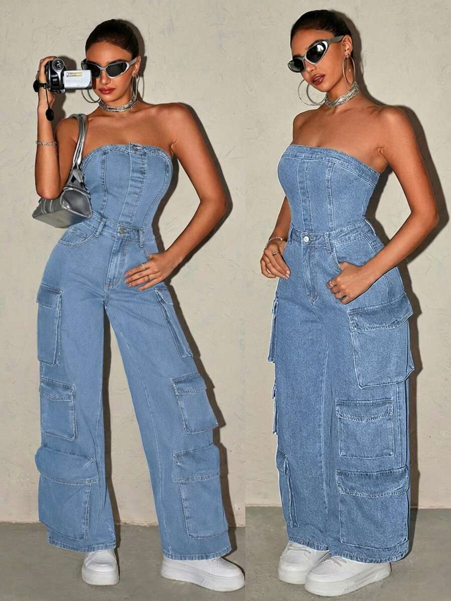 SHEIN ICON 女士夏季休闲翻盖口袋牛仔连体裤 - 藍色 - 查看 1
