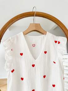 SHEIN Frenchy Women's Casual Heart Embroidery Textured Ruffle Hem Blouse, Summer - White - View 6