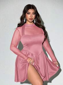 Viva Relle Plus Size Sexy & Elegant Mesh Patchwork Dress - Pink - View 2