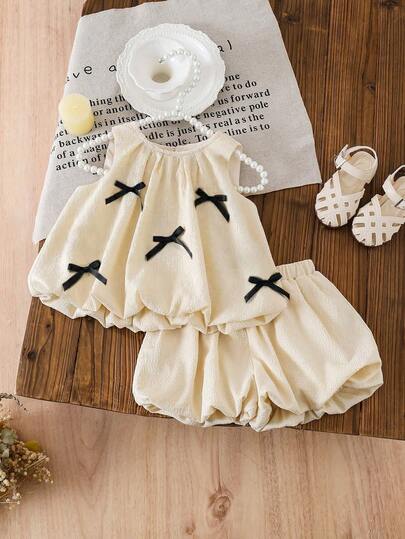 LMoss Kids 2件套女童纯色针织拼接蝴蝶结装饰无袖上衣和短裤套装，可爱亲子装