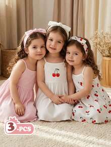 SHEIN Vintaside Kids Set de 3 vestidos sencillos y cómodos con estampado floral y de mariposas para niña bebé - Multicolor - Ver 6