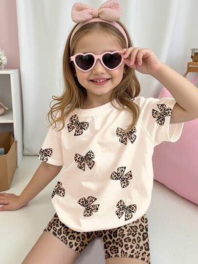 SHEIN Cheetah Print Bow Decor Graphic Casual Round Neck Short Sleeve Top And Shorts 2 Piece Set, Suitable For Young Girls Daily Wear, Spring/Summer, Chill, Chic, Back To School