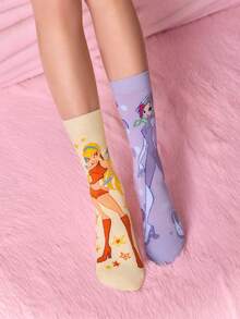 The Winx X SHEIN 3双装女士/女孩不配对袜子，柔软透气吸湿，休闲中筒袜，甜美卡通图案，时尚可爱糖果色船袜，加固袜头和袜跟，经久耐穿，四季皆宜，夏季/冬季百搭，图案袜子，Y2K风格 - 彩色 - 查看 9