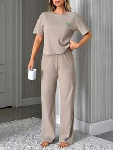 EURMUSE Women Cotton 2 Pcs Colourful Flower Embroidery Detail Short Sleeved Shirt&Long Pants Homewear Lounge Set - Beige - View 5