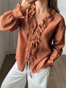 DAZY Women's Solid Color Loose Tie Drawstring Ruffle V-Neck Elegant Vacation Blouse, Spring/Autumn - Brown - View 1
