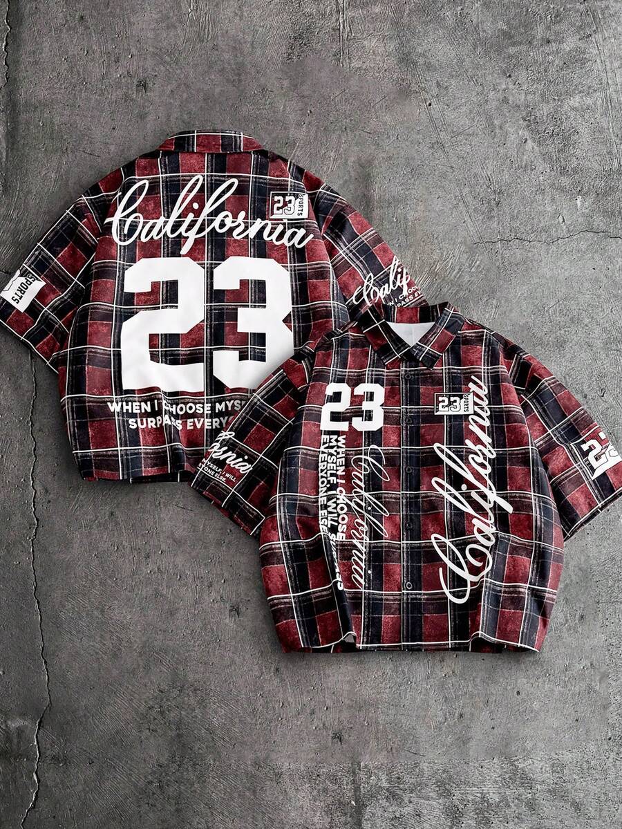 AXEPEAK 男士字母格纹印花短袖单排扣休闲衬衫 - 彩色 - 查看 1