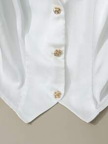 Elenzga Elegant Urban Chic New Women's White Pique V-Neck Puff Sleeve Silver Button Fitted Asymmetric Hem Crop Top, Suitable For Daily Wear, Weddings, Galas, Commute, Graduation Parties, Holidays, Vacations, Dates, Parties, Halloween, Christmas, New Year, Thanksgiving, Bridal Shirts - Apricot - View 5