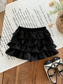 SHEIN 女宝宝夏季可爱度假休闲百搭黑色荷叶边弹力腰迷你裙 - 黑色 - 查看 2