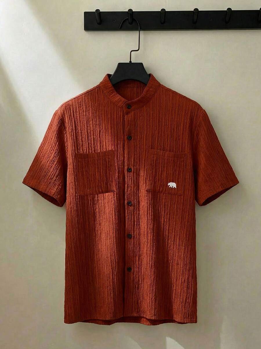 ESTAVOR 男士休闲夏季度假通勤北极熊刺绣拼接领短袖衬衫 - 紅色 - 查看 1