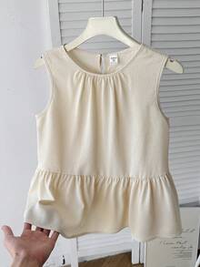 SHEIN Kids Summer Spring Squishy Summer Tops Teen Girls Blue Sleeveless Bow Collar Blouse, Casual Preppy Style Shirt Tween Girl Butter Yellow Tank Top Girls Peplum Top Girls Pastel Yellow Tops - Blue - View 8