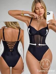 Shapewave 1pc Women's Mesh Tummy Control Backless Halter One-Piece Swimsuit, Black