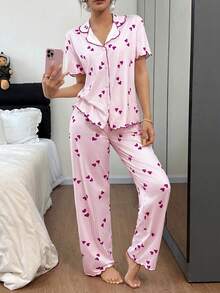 Dream Adore Striped Heart Print Romantic Casual Pajama Set - Purple - View 4