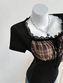 Elamini French Retro Plaid Contrast Lace Trim Square Neck Short Sleeve Fitted T-Shirt, Sweet & Spicy Design, Spring/Summer - Black - View 3