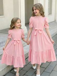 SHEIN 女童休闲印花收腰长连衣裙，适合日常穿着和通勤。 - 粉色 - 查看 3