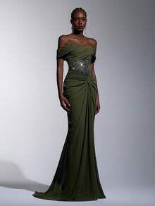 Elitara Đầm maxi sang trọng, cổ điển, trễ vai, đính sequin và thêu, chất liệu chiffon xếp ly, vạt đuôi cá, thích hợp cho các lễ hội, đám cưới, dạ hội, hòa nhạc, sự kiện kinh doanh và các dịp dành cho người nổi tiếng trên mạng xã hội. - màu xanh lá - Xem 5