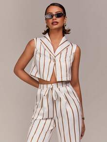 COSMINA 女士优雅无袖条纹套装两件套，适合通勤、办公、外出、春季聚会、婚礼等多种场合，金属纽扣翻领 - 彩色 - 查看 4