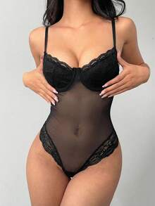 Aloruh Women's Sexy Sheer Mesh & Contrast Lace Sleeveless Bodysuit, Summer - Black - View 4