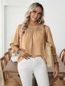 SHEIN LUNE Blus Wanita Kasual Serbaguna Warna Polos dengan Tekstur Ruffle dan Lengan Lentera Setengah Lengan, Musim Semi/Panas - Khaki - View 7