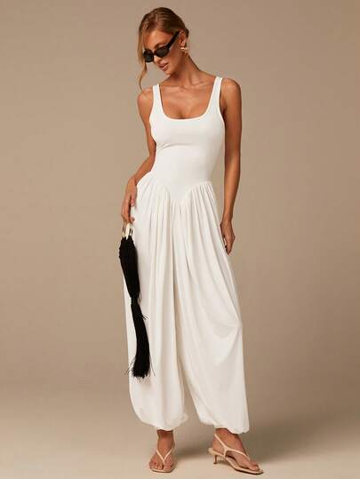 COSMINA Mono sin mangas de cuello en U, mono elegante, mono de verano para mujer, mono blanco, adecuado para uso diario, estilo callejero, citas, Día de San Valentín, tela de punto elástica