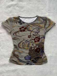 Glimmora Women's Fish Print Cropped Casual T-Shirt, Back To School, Commute, Street Fashion - Multicolor - View 1