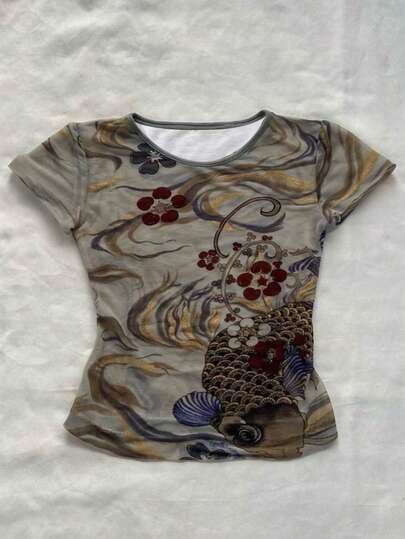 Glimmora Women's Fish Print Cropped Casual T-Shirt, Back To School, Commute, Street Fashion