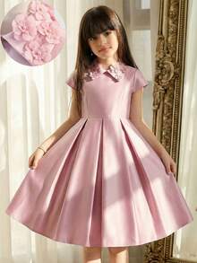 SHEIN Tween Girl Casual Elegant 3D Floral Collar Waist Cinched Dress, Princess Dress, Pink Party Dress Suitable For Party, Wedding, Holiday, Pink Dress, Wedding Season, Birthday Party, Valentine's Day, Pink Flower Collar Dress, Pink Puffy Dress Girls, Pink Formal Dress For Kids, Elegant Pink Dress Kids, Girls Collared Dress - Pink - View 4