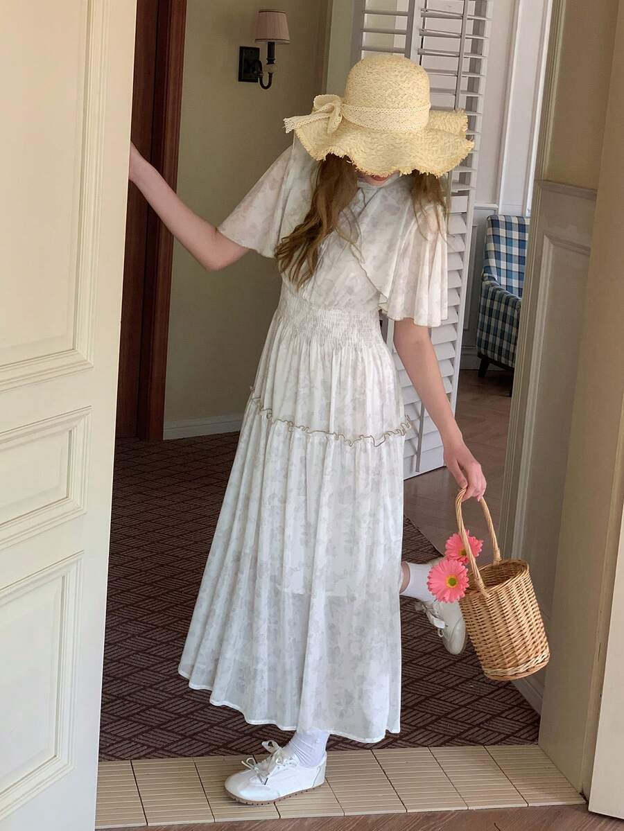 DAZY Teen Girl Summer Vacation Style All-Over Print Poncho Sleeve Cinched Waist Dress