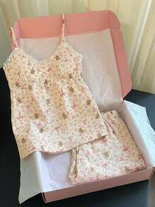 CovetEZ Conjunto de camiseta y pantalones cortos casual, lindo y dulce con estampado de oso y lazo floral rosa, adecuado para primavera/verano - Multicolor - Ver 4