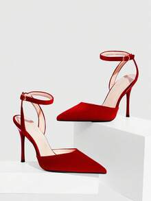 CUCCOO SZL Women's Fashion Pointed Toe Ankle Strap Stiletto High Heel Pumps, Suitable For Commuting, Dating, Party, Wedding And Other Occasions Valentine's Day Spring Shoes - Korean velvet red - View 6