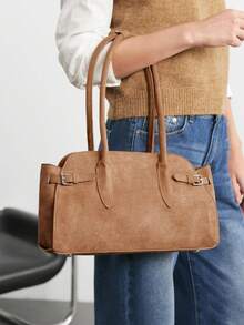 女士单肩包棕色手提包大容量通勤包 - 棕色 - 查看 7