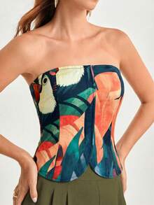 CAJUNI Women's Casual Vacation Parrot & Turtle Bead Print Tube Top, Date - Green - View 3