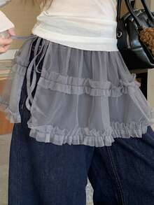 FRIFUL Women's Solid Color Sheer Mesh Fabric Layered Tie Frill Trim Loose Casual Versatile Skirt - Grey - View 6