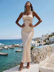 Nevyona Women's Satin & Lace Patchwork Elegant White Dress,Summer Vacation Holiday Cruise Dinner Dress,Mermaid Formal Evening Gown,Casual Party Dress - Apricot - View 5
